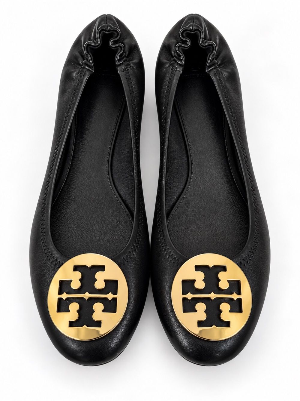Tory Burch Black Leather Ballet Flats Gold Logo Medallion Almond Toe Size 9 EUC